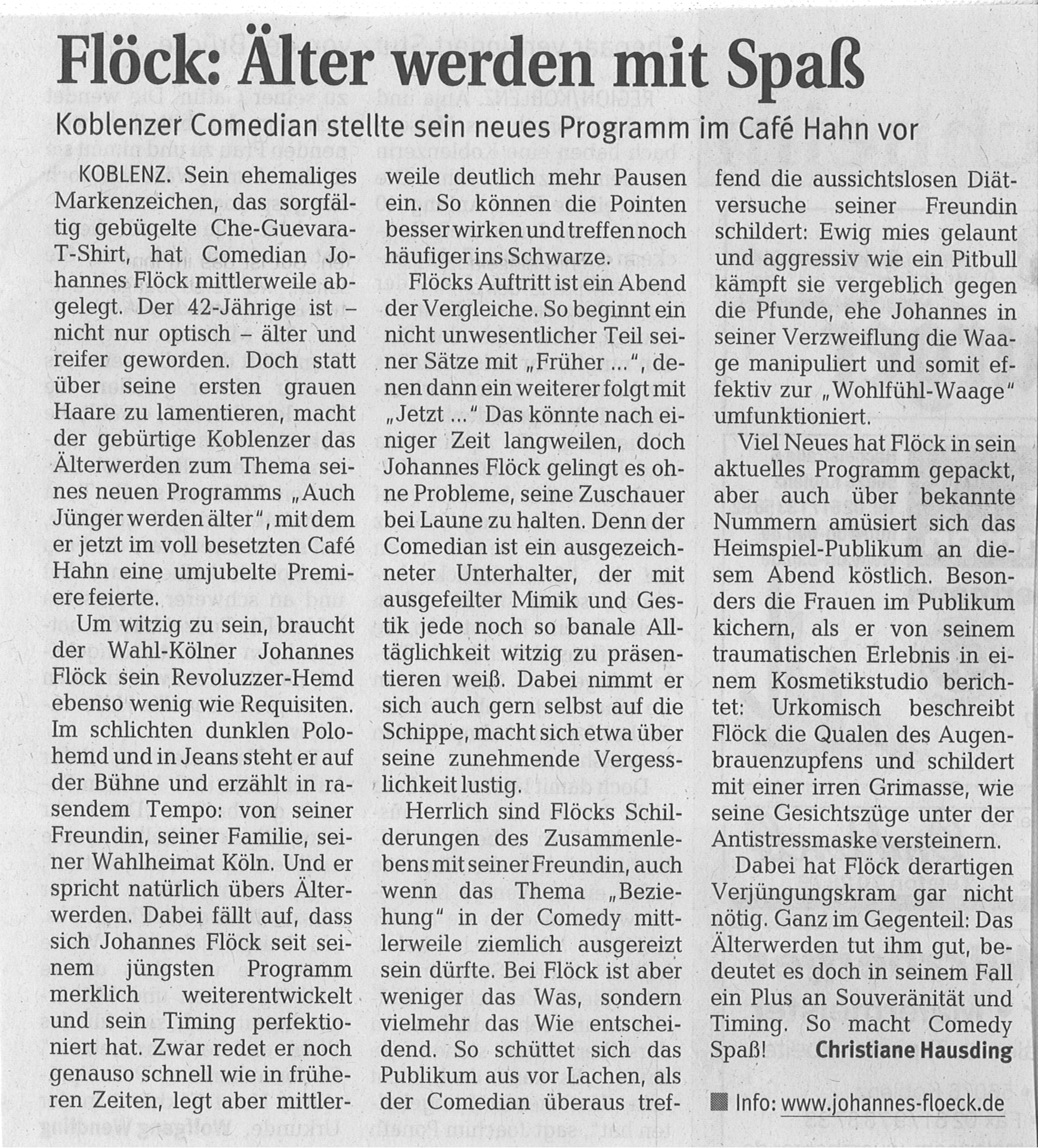 Rhein-Zeitungsartikel über meine Premiere: AUCH JÜNGER WERDEN ÄLTER